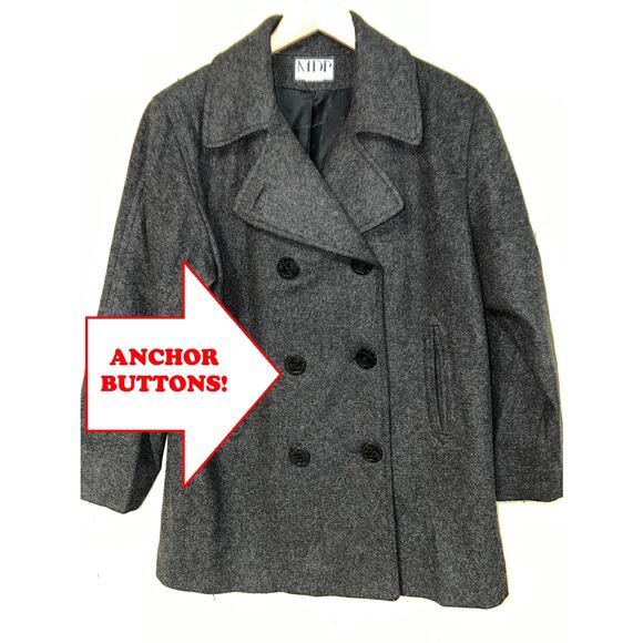 Wool X-Large Peacoat Anchor Button Vintage 90's Y2K Double Breasted Gray XL USA - Picture 1 of 11